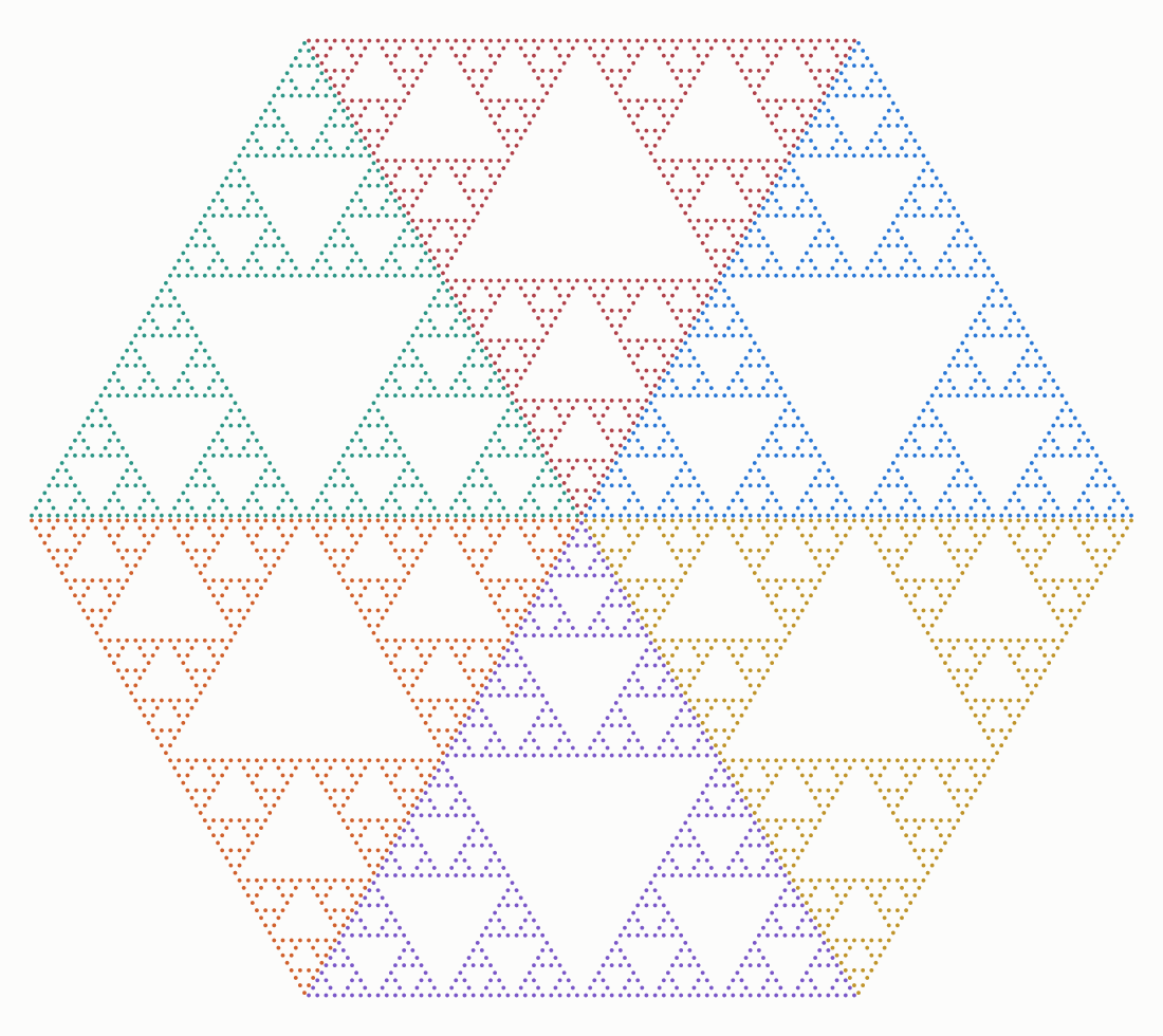 six Sierpinski gaskets tiling a hexagon: the two central cuts of the number-126 sponge at level 7